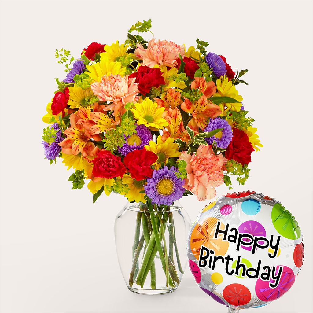 Kaleidoscope Bouquet with Birthday Balloon – The Flower Nook Inc, Orlando FL