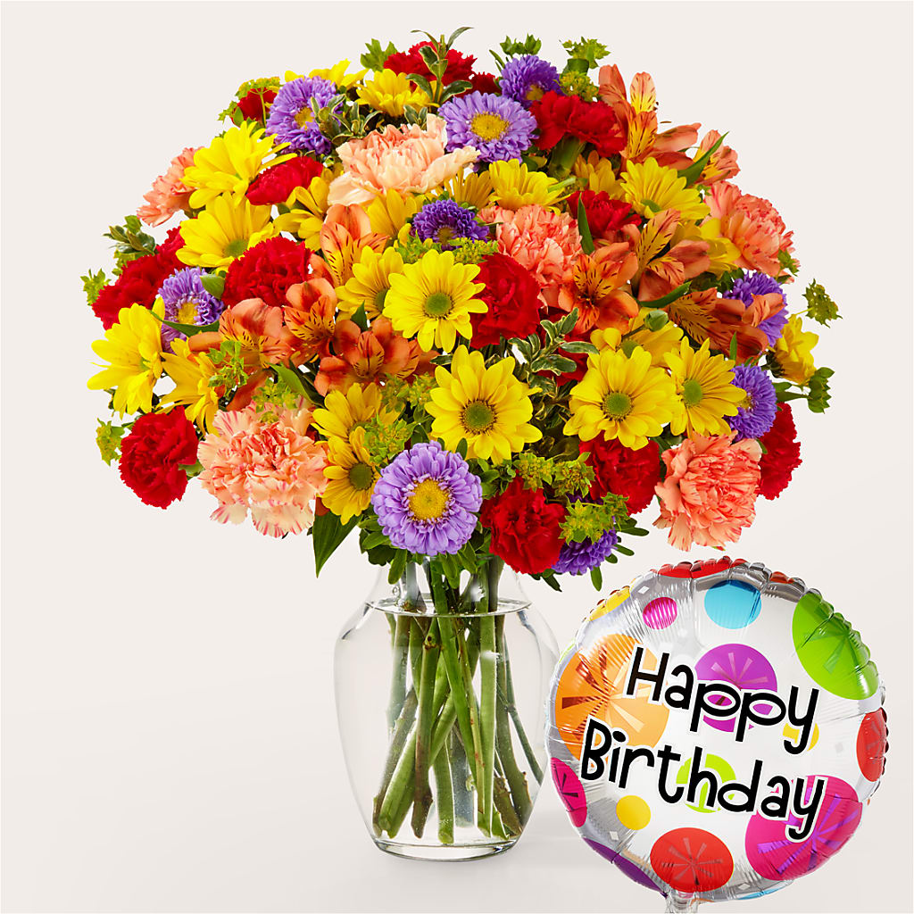 Kaleidoscope Bouquet with Birthday Balloon – The Flower Nook Inc, Orlando FL