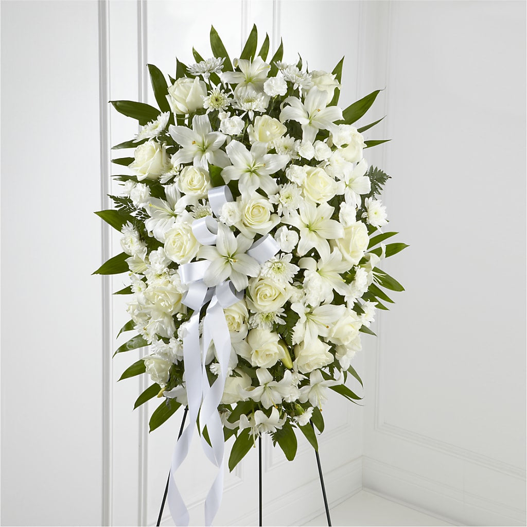 Exquisite Tribute Standing Spray-White Ribbon – The Flower Nook Inc, Orlando FL